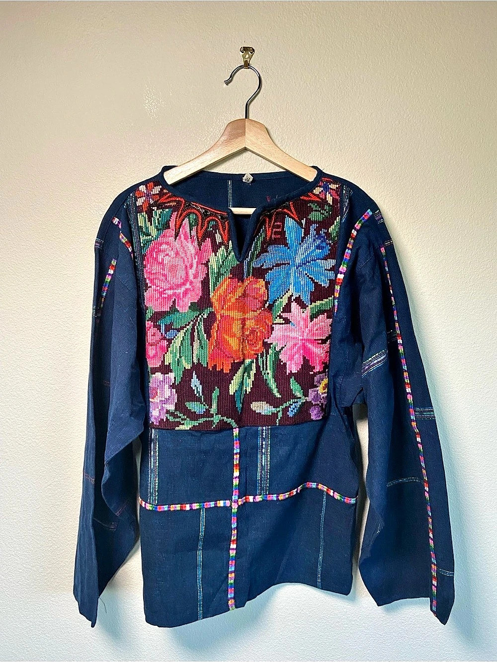 Vintage 70s Hippie Top Guatemalan Indigo Cotton Embroidered Blouse Medium
